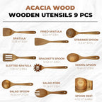 Acacia Wood Kitchen Utensil Set 9PC - Natural Wooden Cooking Tools for Nonstick Pans&Stir Frying, Scratch-Proof & Heat Resistant, Sturdy & Lightweight with Spoon Rest(Spatula/Spoon/Salad Fork)