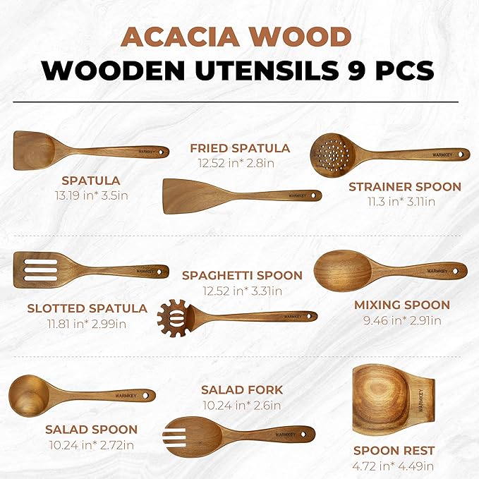 Acacia Wood Kitchen Utensil Set 9PC - Natural Wooden Cooking Tools for Nonstick Pans&Stir Frying, Scratch-Proof & Heat Resistant, Sturdy & Lightweight with Spoon Rest(Spatula/Spoon/Salad Fork)