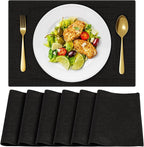 Cloth Placemats, Set of 6 Heat-Resistant Cotton Linen Blend Double Layered Machine Washable Place Mats, Wrinkle Free Thick Fabric Dining Table Mats for Indoors & Outdoors (Black, 6)