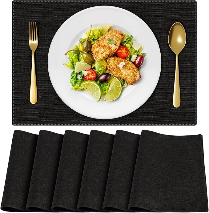 Cloth Placemats, Set of 6 Heat-Resistant Cotton Linen Blend Double Layered Machine Washable Place Mats, Wrinkle Free Thick Fabric Dining Table Mats for Indoors & Outdoors (Black, 6)