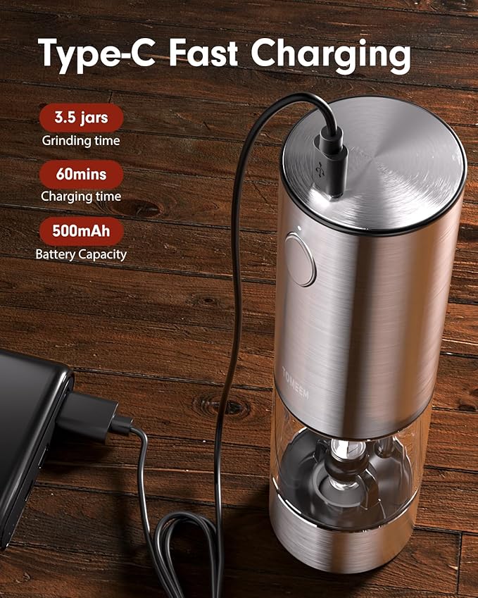 Upgraded Larger Capacity Electric Salt and Pepper Grinder Set Rechargeable with LED lights, Stainless Steel Automatic Pepper and Salt Grinder Refillable with 5 Adjustable Coarseness