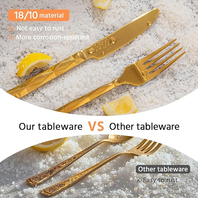 KINGSTONE Gold Silverware Set, Luxury 60 Piece Flatware Set for 12, 18/10 Stainless Steel Cutlery Set with Diamond Cut Pattern for Kitchen, Home, Wedding, Party, Mirror Polished and Dishwasher Safe