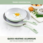 GreenPan Dover 8” & 10” 2 Piece Frying Pan Skillet Set, Non-Toxic PFAS-Free Ceramic Nonstick Coating, Sear Saute Fry Egg Omlete, Dishwasher & Oven Safe, Stay Cool Handle, Easy Pour Rims, Pastel Green