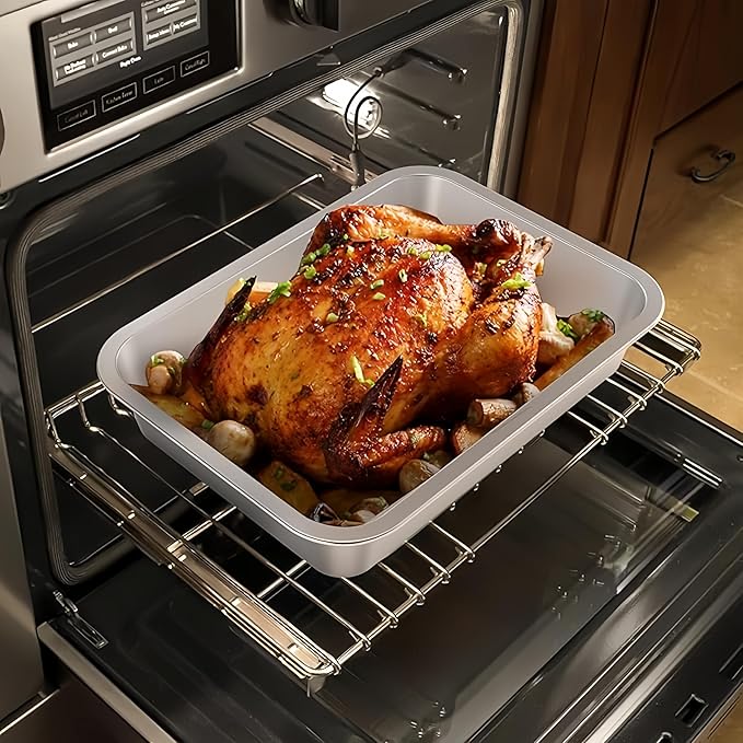 Roasting Pan Heavy Duty Stainless steel Turkey Pans for Oven,Toaster Oven Tray Pans with cooling rack,Hotel Pan, Barbeque Grill Pan,Deep Edge,Mirror treatment, Dishwasher Safe (12.4"x8.5"x2.8")
