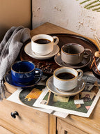 Gomakren 6 Ounce Cappuccino Cups with Saucers and Metal Stand, Stackable Coffee Cup Set of 4, Halloween Porcelain Espresso Cups for Coffee Drinks, Cappuccino, Latte, Americano, Tea, Cobalt Blue