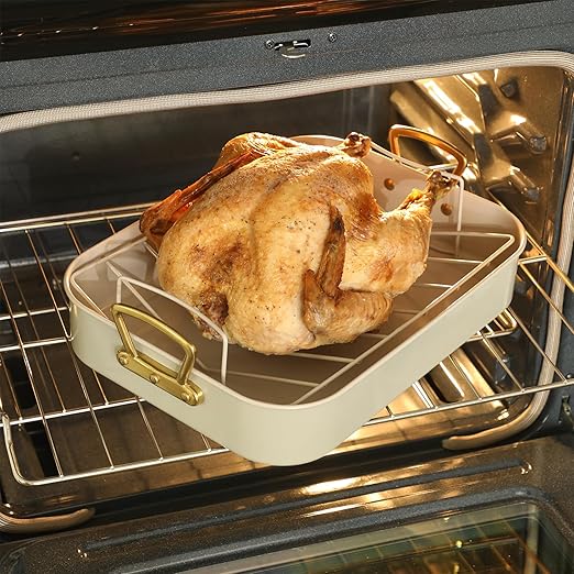 Gibson Home Broxton 2-Piece Nonstick Roaster Pan with Rack – 16 x 12 Inch Mint Green Turkey Roasting Pan with Cast Aluminum Gold Handles – Oven-Safe, Easy-Clean, Holiday Cookware
