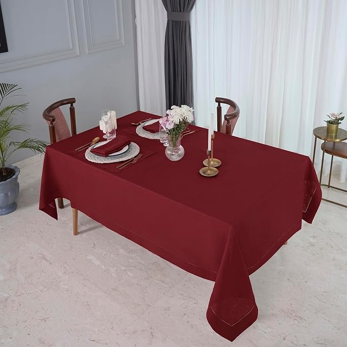 D'Moksha Homes Dark Red Linen Tablecloth for Rectangle Tables 60 x 126 Inch - Classic Hemstitch 100% Pure Linen Red Tablecloth - Machine Washable Cloth Table Cloth for Summer, Fall and Halloween
