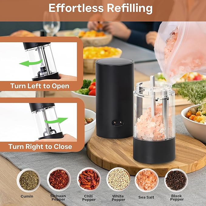 Electric Salt and Pepper Grinder Set – Automatic One-Handed Operation, Rechargeable ABS Mills, LED Light, 5-Level Adjustable Coarseness, Large 95ml Capacity and Charging Base
