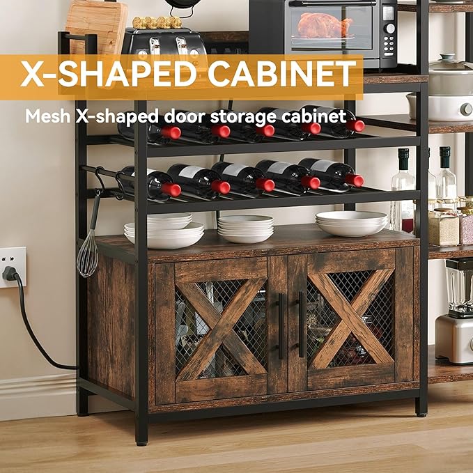 DWVO Baker Rack with Power Outlet, Microwave Stand W/Storage, 6-Tier Industrial Coffee Bar Cabinet W/Hook, Wine Rack & Goblet Holder, Wood & Metal Kitchen Shelf Organizer for Dining Room, Rustic Brown