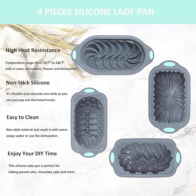 Tongjude 4 Piece Silicone Loaf Pan for Baking, Non-Stick Kitchen Oven Bread Pan, Perfect for Banana Bread, Sandwich, Pound Cake and Meatloaf, 6 Cups, Grey