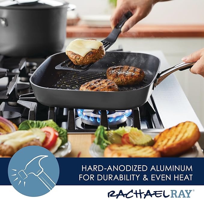 Rachael Ray Cook + Create Hard Anodized Nonstick Deep Grill Pan/Griddle, 11 Inch - Black