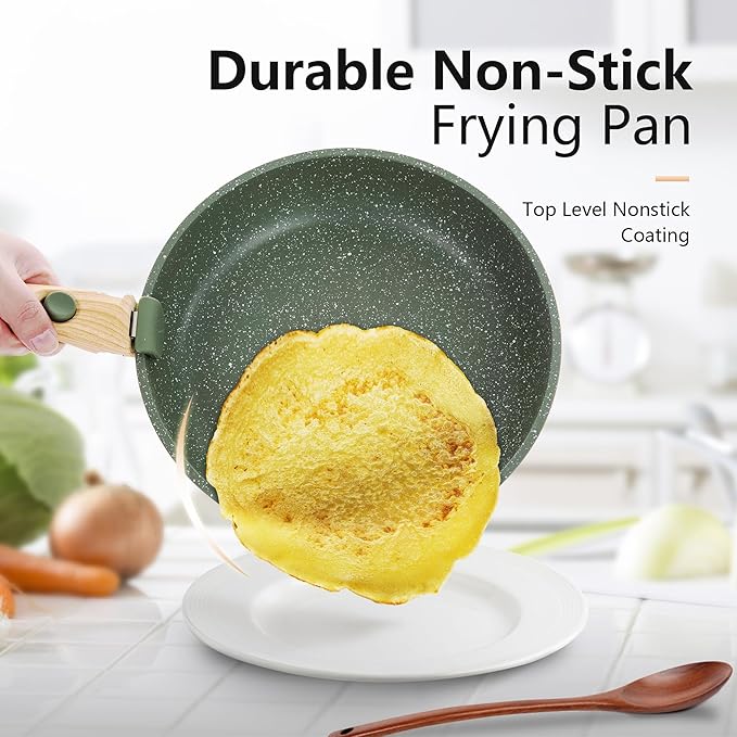 10 Pcs Pots and Pans Set Non Stick, Nonstick Kitchen Cookware Sets Detachable Handle, Induction Pots and Pans Set with Removable Handle, RV Cookware for Camping, Oven Safe, PFOS, PFOA Free, Green