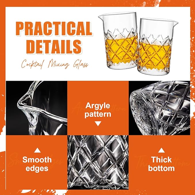 Dandat Cocktail Mixing Glass Crystal Stirring Glass Thick Bottom Seamless Cocktail Pitcher for Home Bartender Bar Whiskey Martini Drink Shaker Accessories (6 Pcs,24 oz)