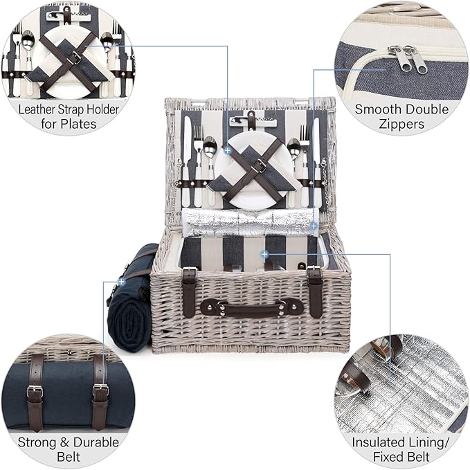 Picnic Basket Sets for 2 Persons with Insulation Cooler,Waterproof Picnic Blanket, Tableware for Family,Party,Outdoor Living,Camping Gift