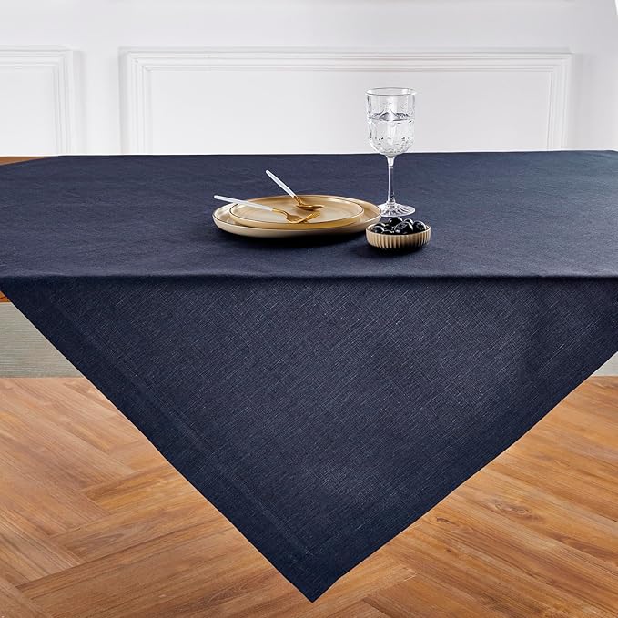 Solino Home Linen Square Tablecloth 52 x 52 Inch - 100% Pure Linen Chambray Navy Table Throw - Athena, Machine Washable Tablecloth for Summer, Fall, Autumn