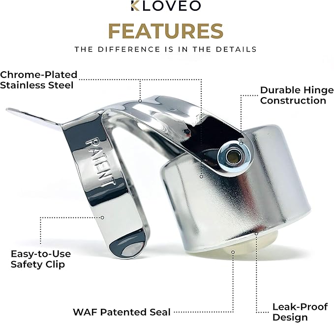 KLOVEO Champagne Stoppers - Patented Seal - Made in Italy - Professional Grade WAF Champagne Bottle Stopper - Prosecco, Cava, and Sparkling Wine Stopper