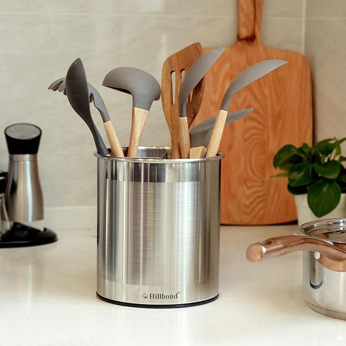 Hillbond Stainless Steel Utensil Holder for Kitchen Counter with Removable Divider, 6.9x7.5 inch Metal Utensil Holder for Countertop, 360° Rotating Spatula Crock for Cooking (EXTRA LARGE)