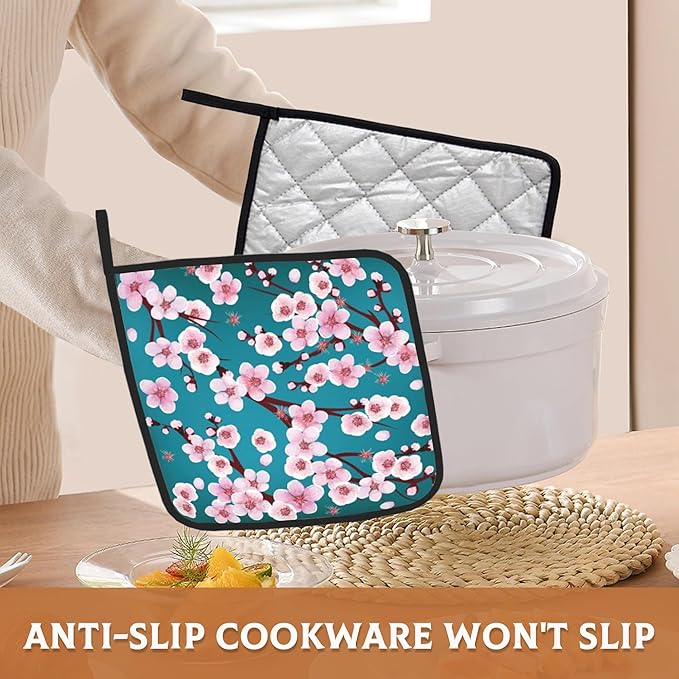 Spring Flowers Pot Holders Set of 2 Heat Resistant Potholders,Cherry Blossom Fire Oven Hot Pads for Kitchen Cooking Baking Barbecue