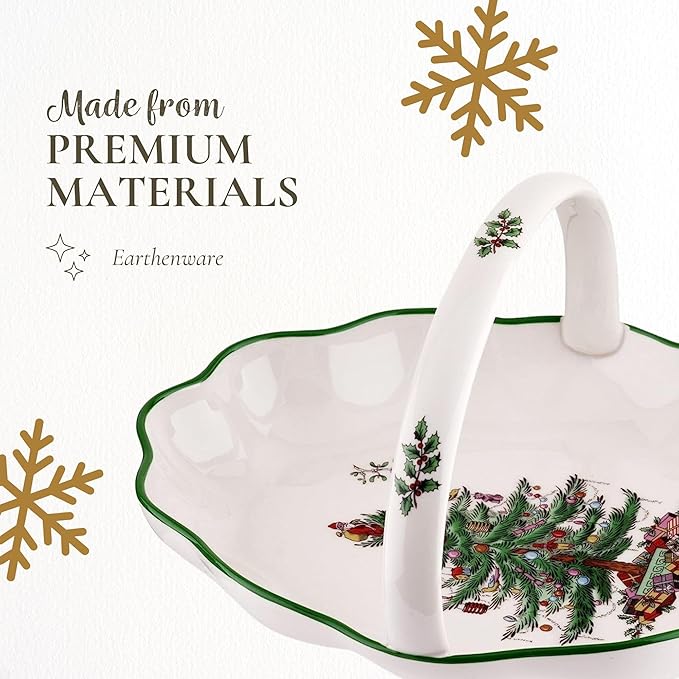 Spode Christmas Tree Oval Breadbasket, 10 Inch Handled Bowl for Fruit, Bread, Cookies - Fine Earthenware Gift, Festive Tabletop Holiday Serveware & Seasonal Decor, Dishwasher Safe Tableware