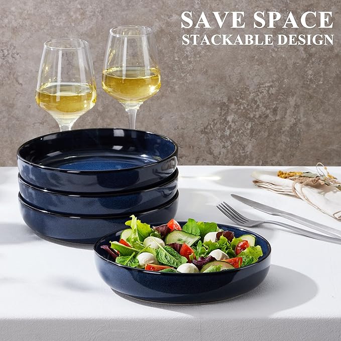 E-far Pasta Bowls Set of 4, 35oz Ceramic Large Salad Plate Bowls for Kitchen, Wide and Shallow Design for Serving Soup Pasta, Double Reactive Glaze, Dishwasher & Microwave Safe, Deep Sea Blue