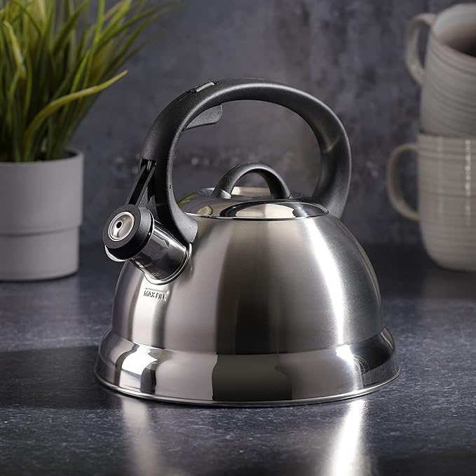 Mr. Coffee Flintshire 1.75-Quart Stainless Steel Whistling Tea Kettle – Brushed Satin Finish Stove-Top Kettle for Boiling Water
