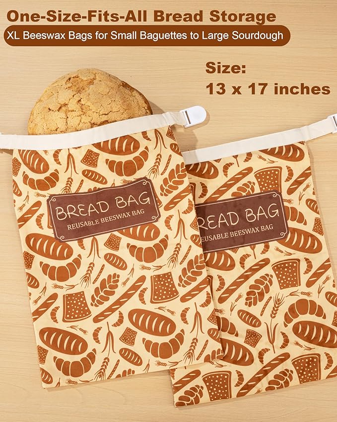 2-Pack Beeswax Bread Bags with Zipper & Buckle - Reusable Cotton Storage for Sourdough & Homemade Bread, Freezer Safe