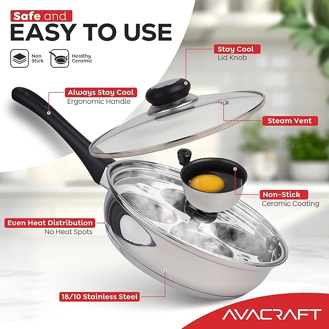AVACRAFT Egg Poacher, Stainless Steel Egg Poaching Pan, Poached Eggs Cooker Food Grade PFOA free