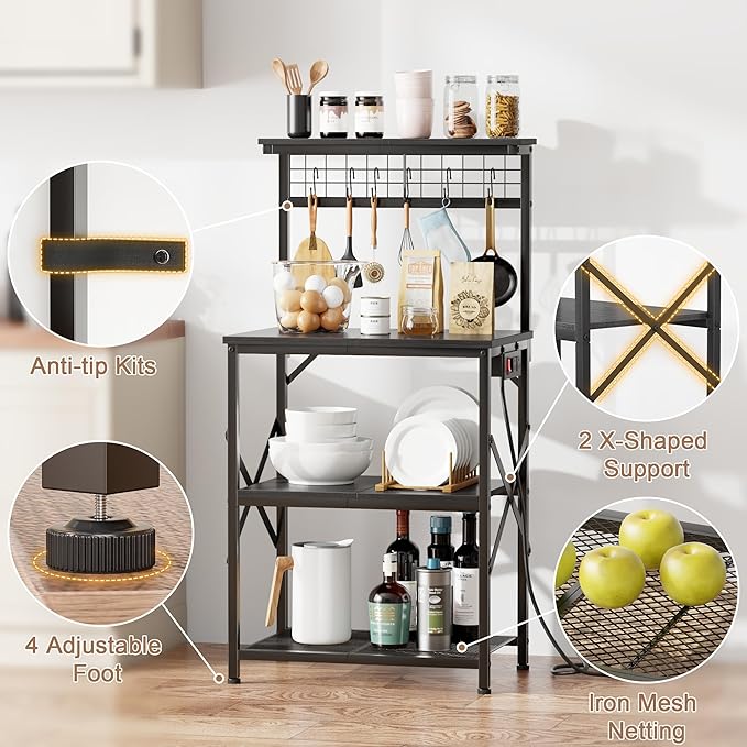 Furologee Kitchen Bakers Rack with Power Outlet, Microwave Oven Stand with Storage 4 Tiers, Coffee Bar Table with 6 S Hooks, Kitchen Storage Shelf Rack for Spices, Pots,Black