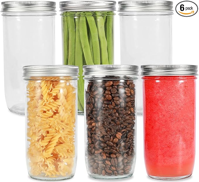 Mason Jars Wide Mouth 24oz, 6 pack Glass Pickle Canning Jars Food Storage With Airtight Mason Jar lids and Bands for Canning, Preserving, Fermenting, Pickling, DIY Projects