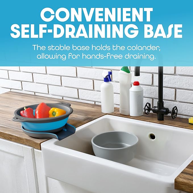 Strainer with Self-Draining Base (5QT) Over-Sink Collapsible Kitchen Colander Set with Side-drain Base for Pasta Vegetables and Fruit, XL Large Capacity, Dishwasher Safe (5-Quart) Blue/Gray