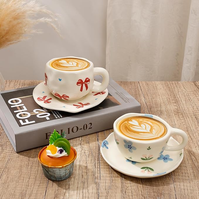 Koythin Ceramic Coffee Mug with Saucer Set, Cute Red Big Bow Cup Unique for Office and Home, 10 oz/300 ml for Latte Tea Milk
