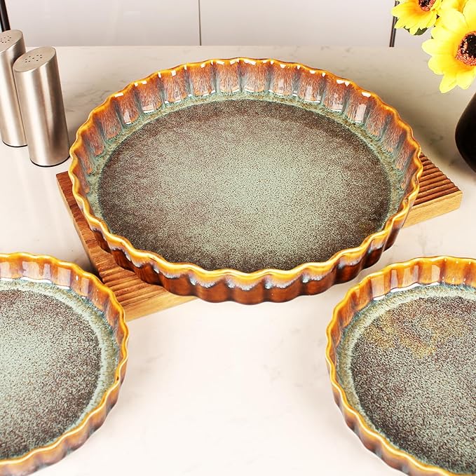 Large Quiche Tart Pans Pan Set of 2, 13.5 oz Ceramic Au gratin pans, Fluted Ruffled Edge for Quiche Baking Dish/Pie Pan, Microwave Freezer Dishwasher Oven safe, Great Gift for Bakers