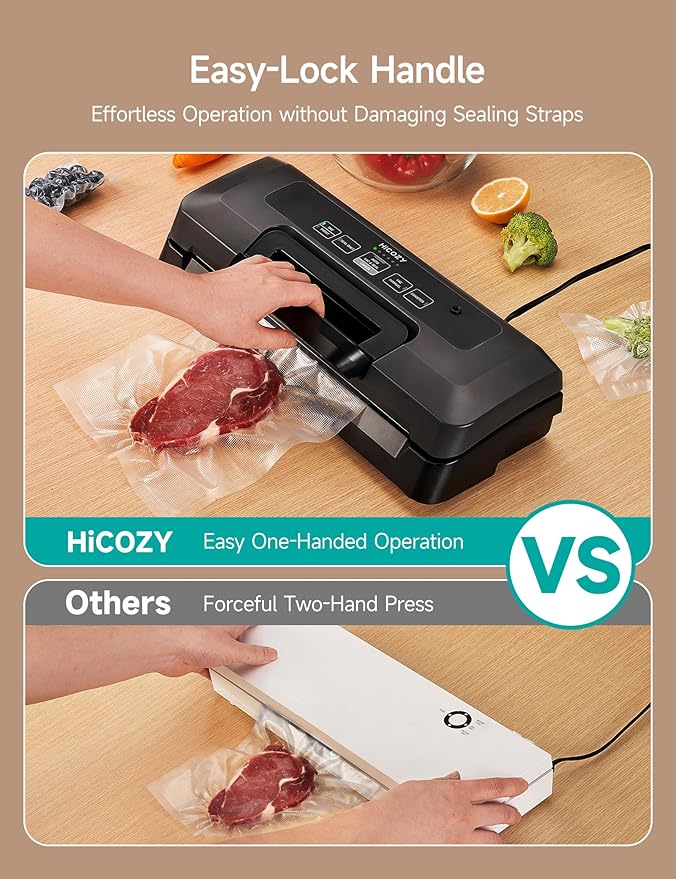 HiCOZY Vacuum Sealer for Food, Powerful Heat Food Sealer, Dry Moist 7-1 Multiple Automatic Modes, Easy-Lock Handle, Compact Design with 10 Vacuum Bags & 2 Bag Rolls, Bag Cutter Included, Black