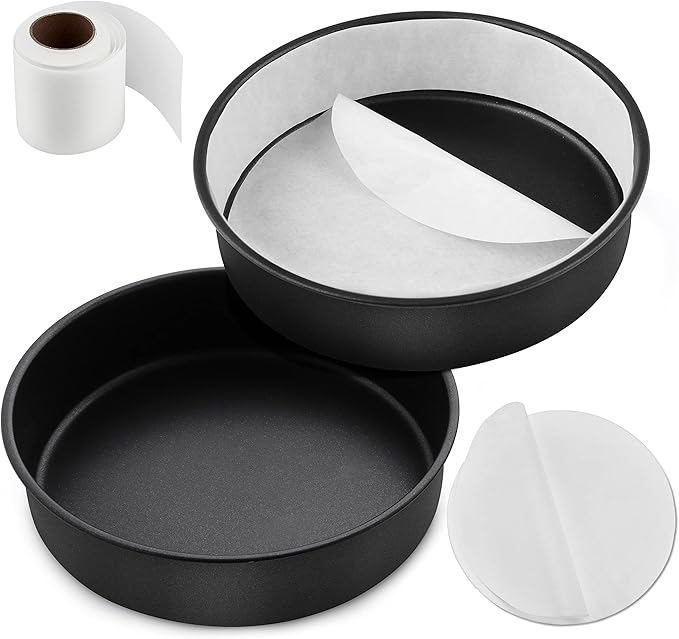E-far 8 Inch Cake Pans Set of 2, Nonstick Stainless Steel Small Round Baking Pans with Parchment Paper & Side Liner Roll, Stainless Steel Core & Non-toxic Coating, Straight Side & 2 Inch Deep