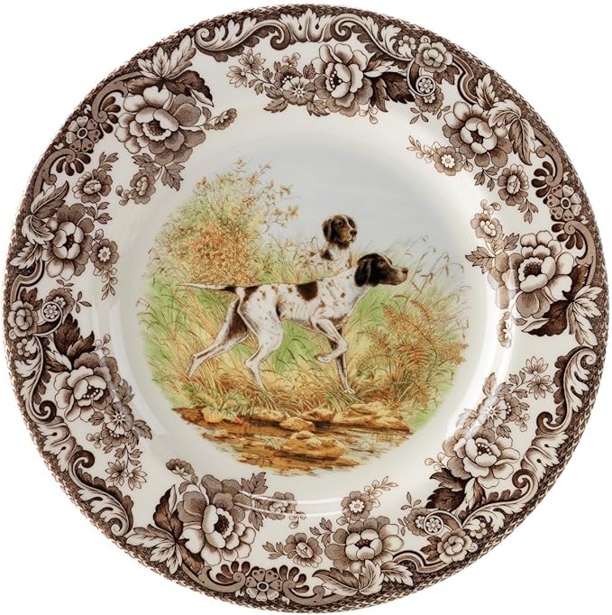 Spode Woodland Hunting Dogs Flat Coated Pointer Salad Plate - 8" Fine Earthenware with British Flowers Border, Microwave, Dishwasher & Warm Oven Safe - Rustic Dog Tableware - Made in England