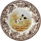 Spode Woodland Hunting Dogs Flat Coated Pointer Salad Plate - 8" Fine Earthenware with British Flowers Border, Microwave, Dishwasher & Warm Oven Safe - Rustic Dog Tableware - Made in England