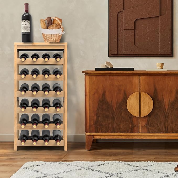 6 Tier Wine Rack Freestanding Floor, 24-Bottle Bamboo Wine Storage Shelf Display Rack with Table Top for Kitchen Bar Cellar