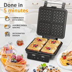 Sunvivi Stainless Steel Waffle Maker 4 Slices with Quick Heat-Up, Time & Temperature Control, LCD Display, Nonstick Surface, Perfect Waffle Iron for Kids and Families, Silver