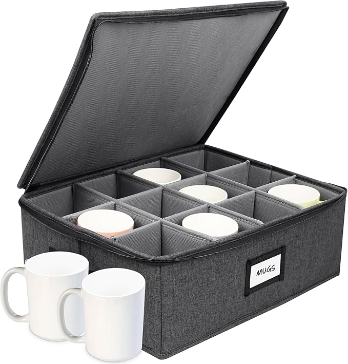HOMELUX THEORY Mug Storage Box with Dividers Hard Shell China Storage Containers, Heavy Duty Coffee Cup Storage Box and Moving Boxes for Glassware Storage with Lid, Thick Surface, and Sturdy Handle