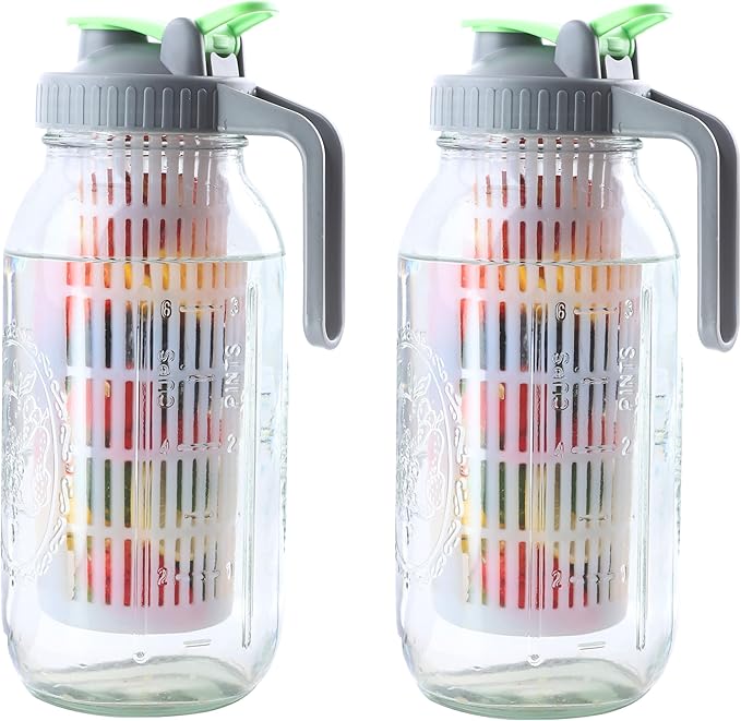 Glass Mason Jar Water Fruit Infuser Pitcher With Lid 64 Oz Wide Mouth Tea Infused Pitchers 2 Quart Sun Tea Jar For Outside Half Gallon Iced Coffee Tea Lemonade Juice Homemade Drinks Container- 2 Set