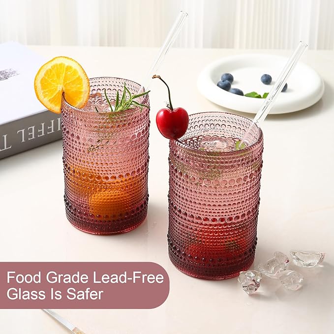 Vintage Glassware Drinking Glasses Set of 6,15 oz Hobnail Glass Cups,Embossed Purple Water Tumbler,for Beer,Cocktail,Whiskey,Juice and Various Mixed Drinks- 1 Cleaning Brush