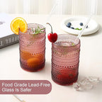 Vintage Glassware Drinking Glasses Set of 6,15 oz Hobnail Glass Cups,Embossed Purple Water Tumbler,for Beer,Cocktail,Whiskey,Juice and Various Mixed Drinks- 1 Cleaning Brush