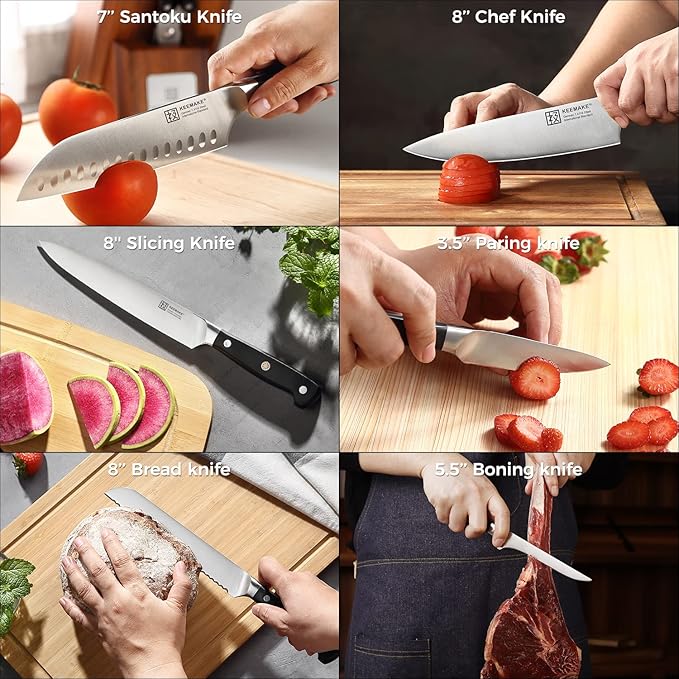 KEEMAKE Kitchen Knife Set with Block, 8Pcs Razor Sharp Chef Knife Set, High Carbon Stainless Steel Knife Block Set with Kitchen Scissors, Cooking Knife Set for Meat Vegetable Fruit