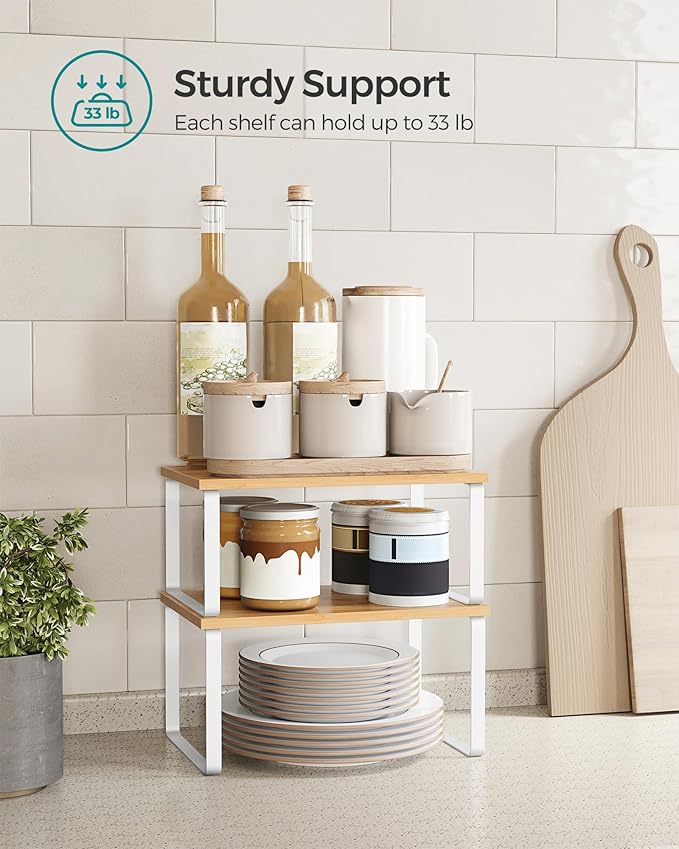 SONGMICS Cabinet Organizer Shelf, Set of 4 Kitchen Counter Shelves, Kitchen Storage, Spice Rack, Stackable, Expandable, Metal and Engineered Wood, Cloud White and Natural Beige UKCS010N01