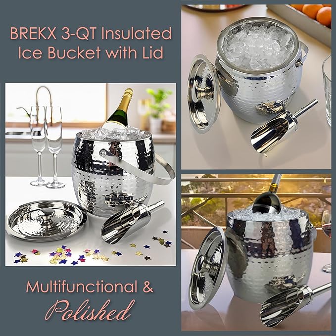 BREKX 3-QT Insulated Ice Buckets for Parties with Lid and Scoop - Iceberg Anchored Wine Chiller Champagne Bucket for Cocktail Bar, Metal Bucket with Lid, Non-Sweat