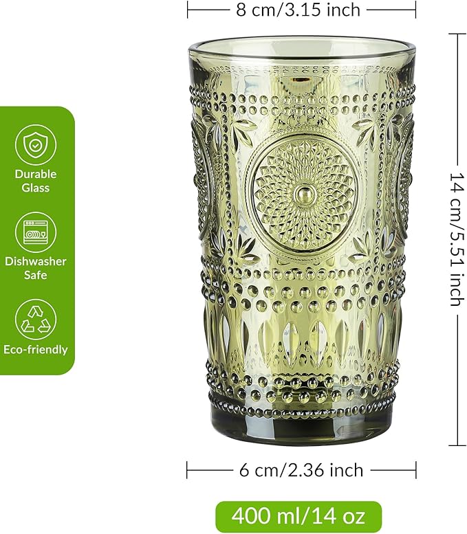 Joeyan Green Vintage Drinking Glasses,Embossed Boho Sunflower Highball Water Glass Tumbler,14 oz Colored Beaded Glassware for Beverages Juice Whisky Cocktail Beer Wine Milk of 4,Dishwasher Safe
