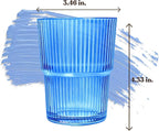 Blue Ribbed Glass Set of 4 14oz Highball Glass Stackable Vintage Durable for Water, Seltzer, Sparkling, Elegant Everyday Glassware