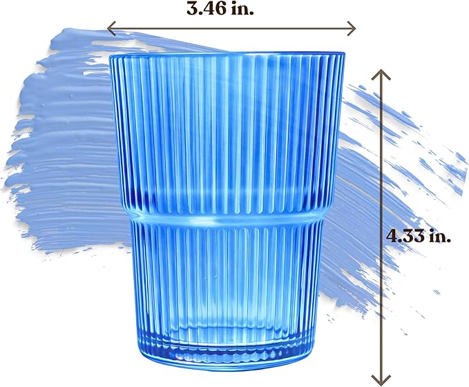 Blue Ribbed Glass Set of 4 14oz Highball Glass Stackable Vintage Durable for Water, Seltzer, Sparkling, Elegant Everyday Glassware