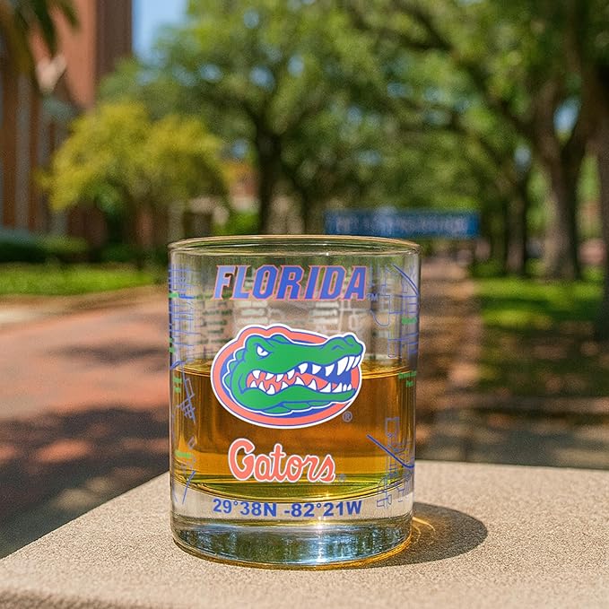 Greenline Goods – University of Florida Gators College Whiskey Glasses (Set of 2), 10 oz – Full-Color Logo + Campus Map
