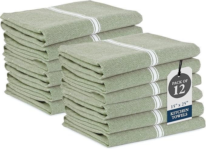 LANE LINEN Kitchen Towels Set - 100% Pure Cotton Dish Towels for Kitchen, Super Absorbent Kitchen Hand Towel, Tea Towels, Soft & Durable Dish Cloths, Pack of 12 – 14”x25”, Olive